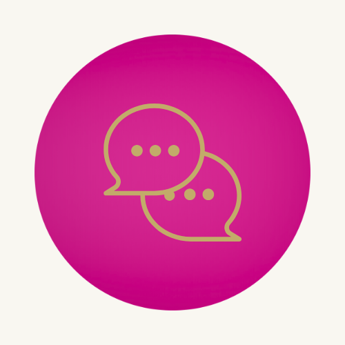 Pink circular icon with two yellow speech bubbles overlapping, each containing three dots representing conversation or communication.