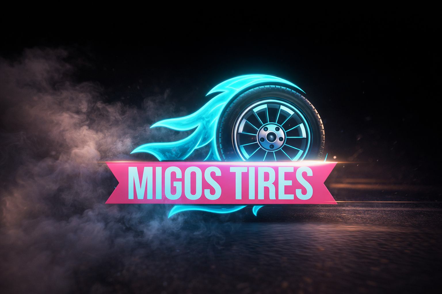A neon-style logo for Migos Tires featuring a blue flaming tire and bold pink banner with the text 'Migos Tires'.