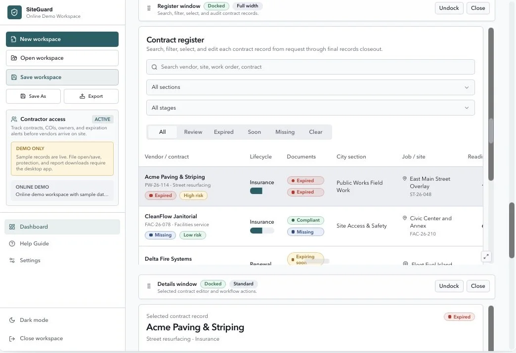 SiteGuard desktop app showing a contract management worksapce. A left side bar contains controls and navigation, while the main panel displays a searable, filterable, contract register with vendors, lifecycle status, document, city sections….