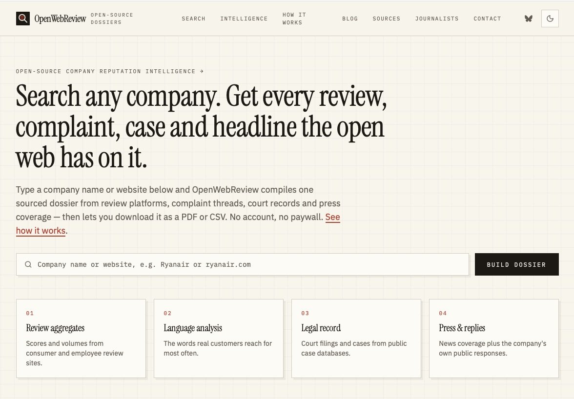 Screenshot of a website homepage for OpenWebReview, a platform that compiles company reviews, complaints, cases, and headlines from review platforms and court records. There is a search bar for entering a company name or website, and sections describing features such as review aggregates, language analysis, legal records, and press responses.