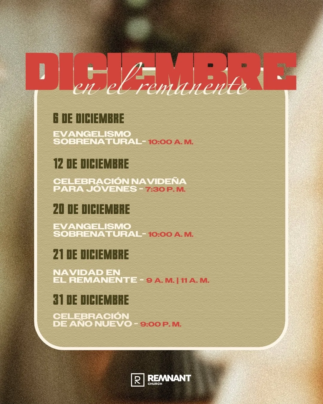 Diciembre llega con encuentros significativos en El Remanente.
Creemos que Dios tiene algo especial preparado para cada fecha y cada persona que llega. Guarda el calendario y acomp&aacute;&ntilde;anos con expectativa por lo que &Eacute;l har&aacute; 