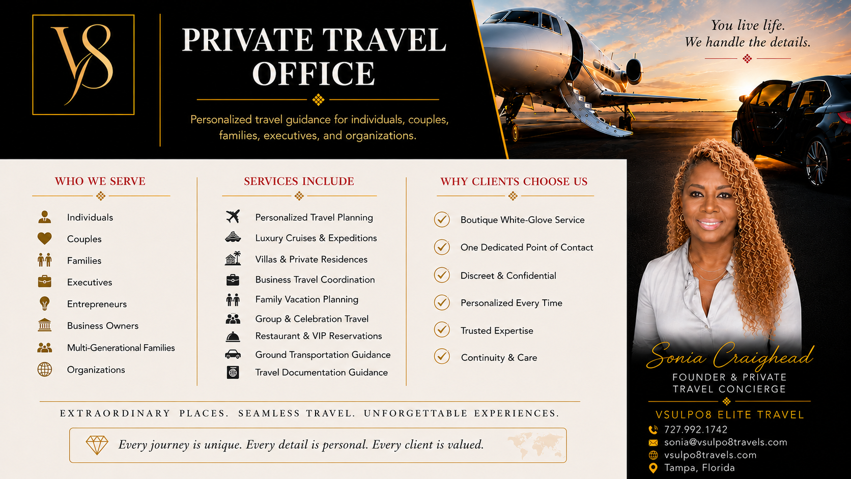 Vsulpo8 Elite Travel Private Travel Office — personalized travel guidance for individuals, couples, families, executives, and organizations.