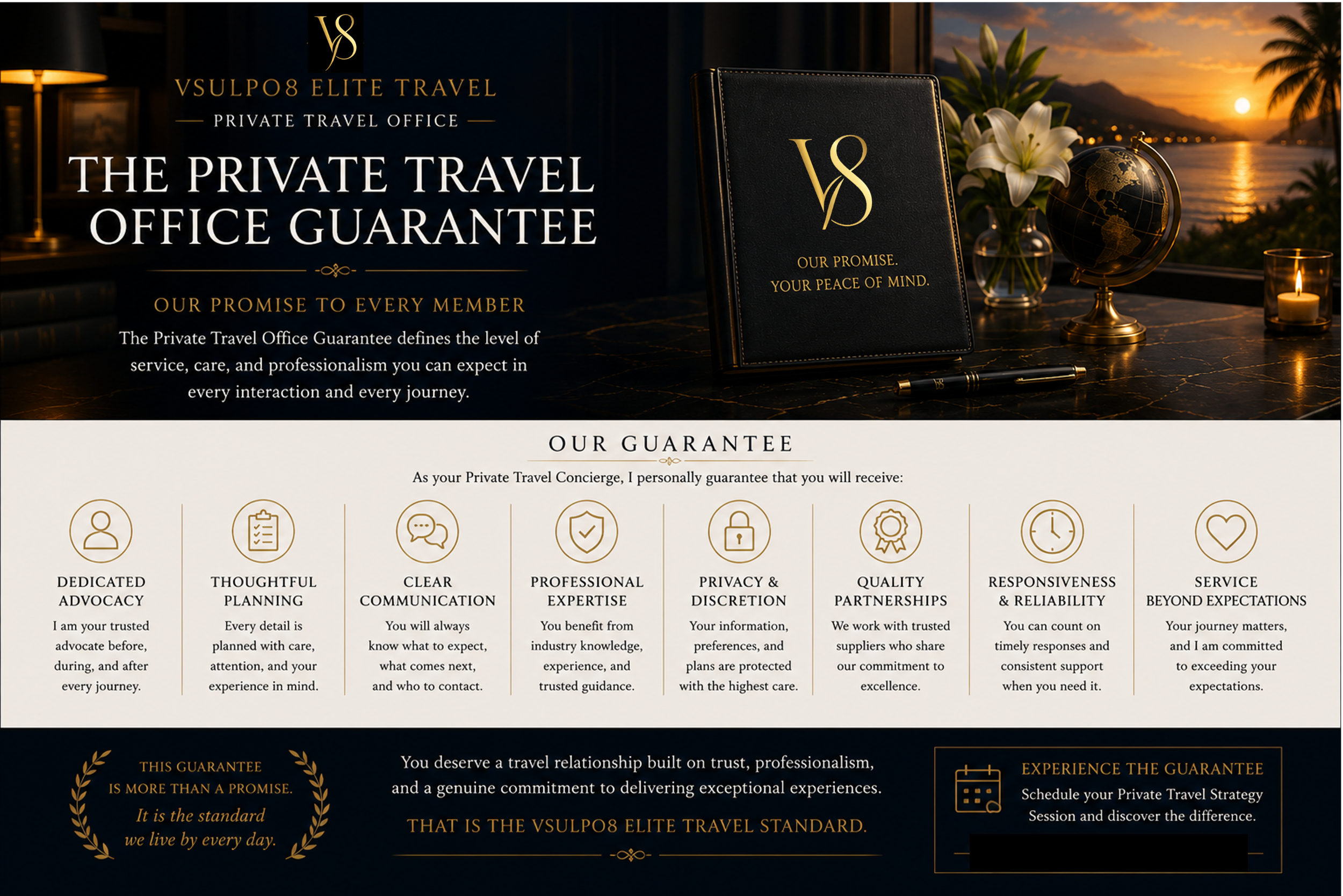 The Private Travel Office Guarantee at Vsulpo8 Elite Travel — our promise to every member.