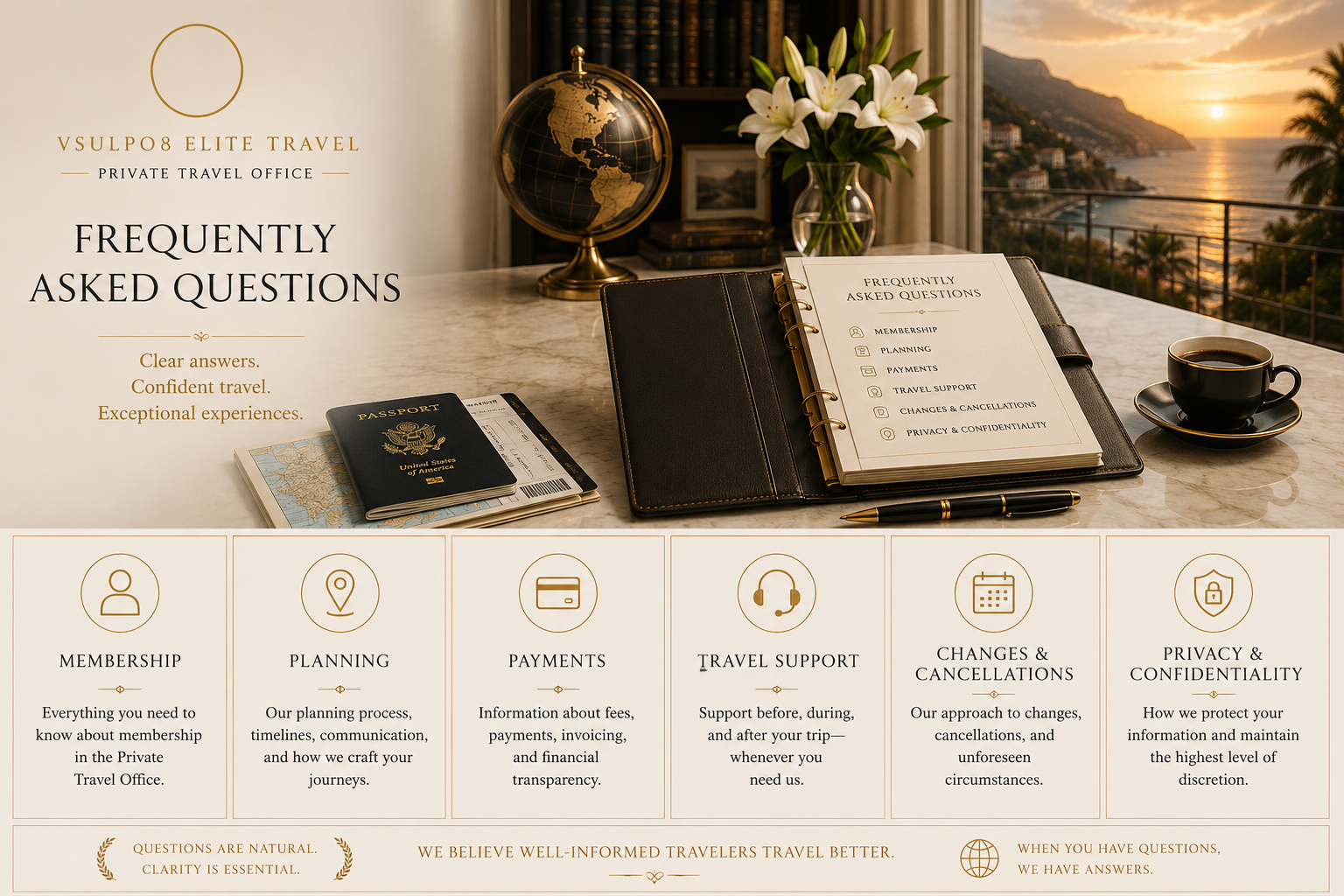 Frequently Asked Questions for the Vsulpo8 Elite Travel Private Travel Office, covering membership, planning, payments, travel support, changes and cancellations, and privacy.