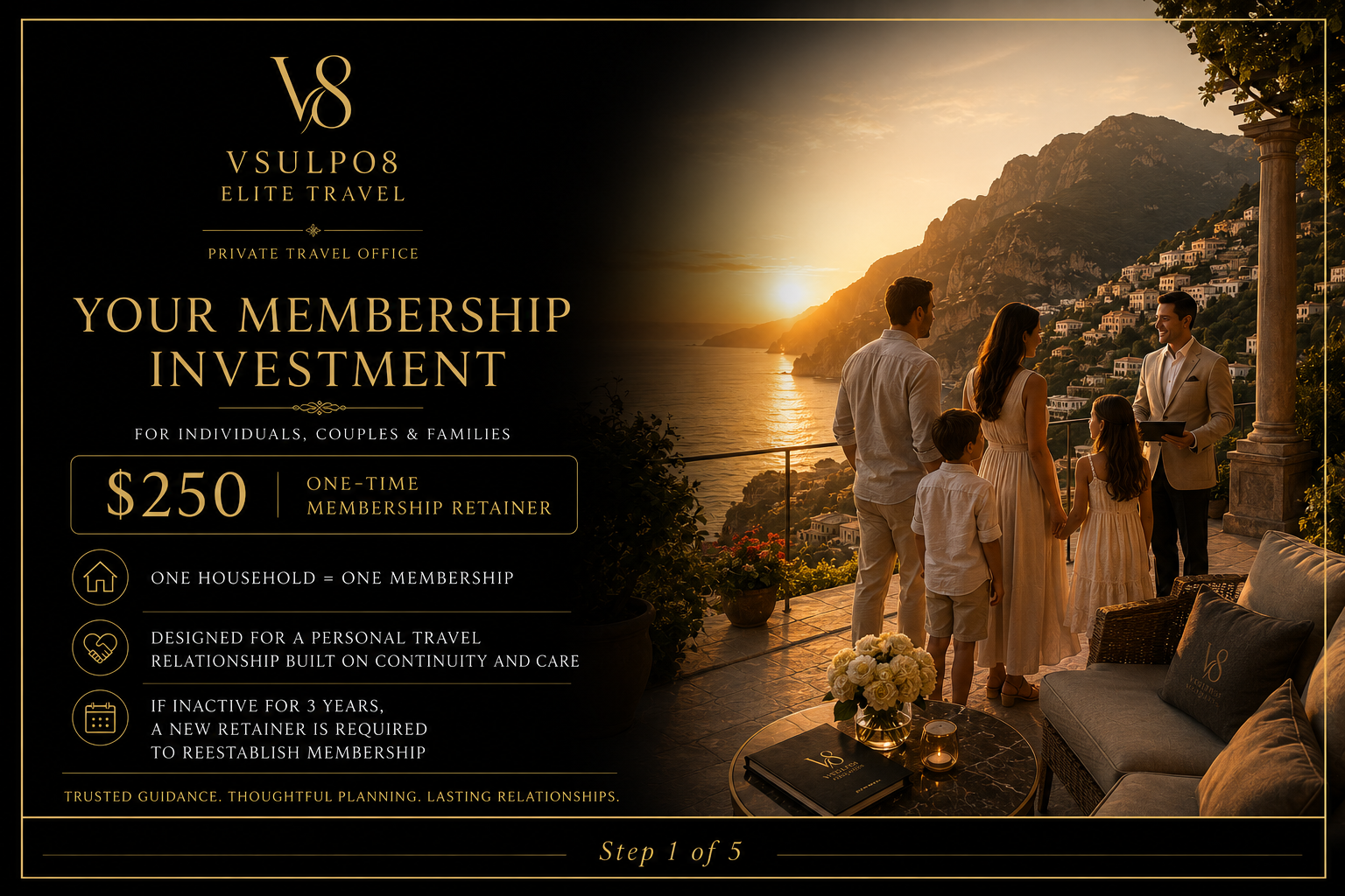 Your Membership Investment for individuals, couples, and families. A $250 one-time membership retainer. Step 1 of 5.