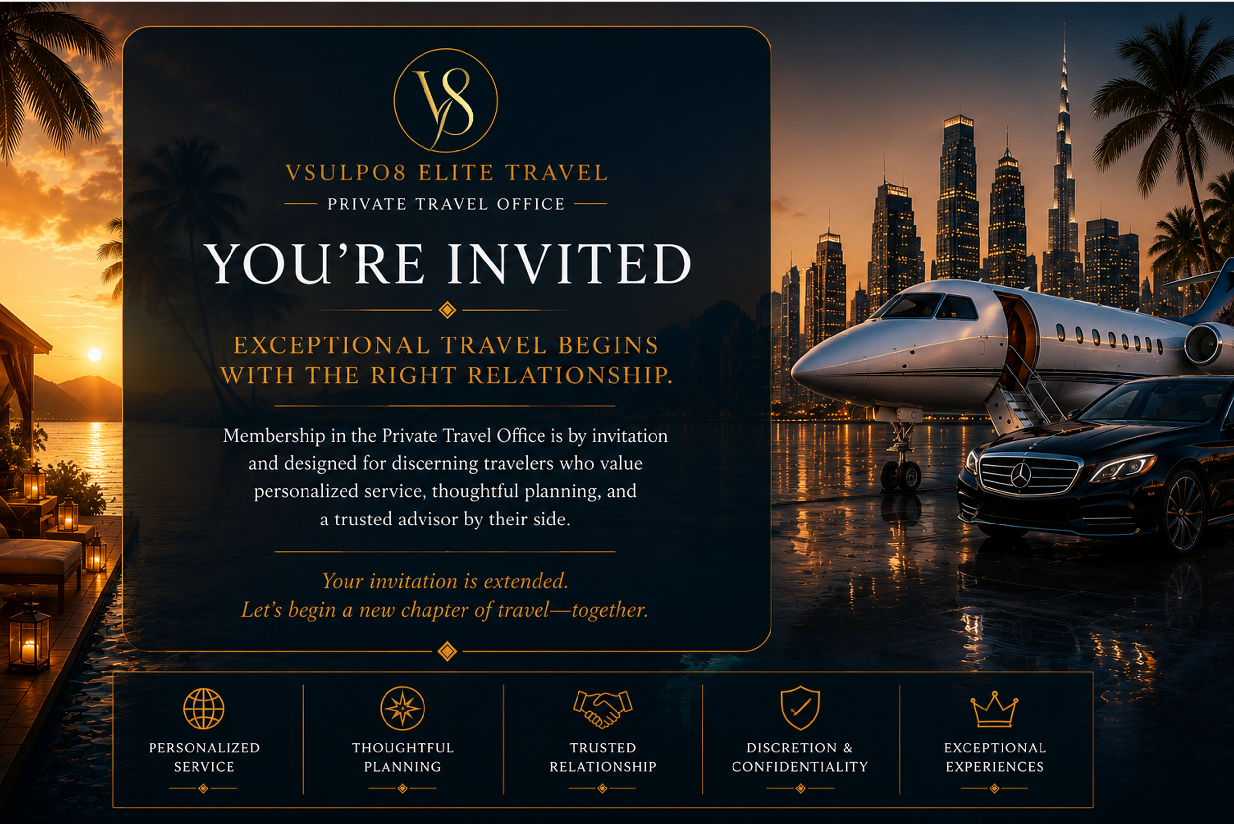Membership invitation to the Vsulpo8 Elite Travel Private Travel Office, featuring personalized service, thoughtful planning, trusted relationships, discretion, and exceptional travel experiences.