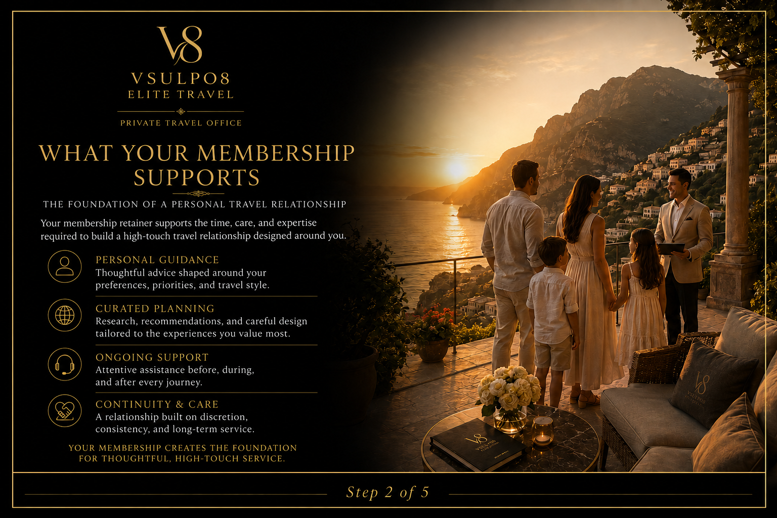 What your Private Travel Office membership supports. Step 2 of 5.
