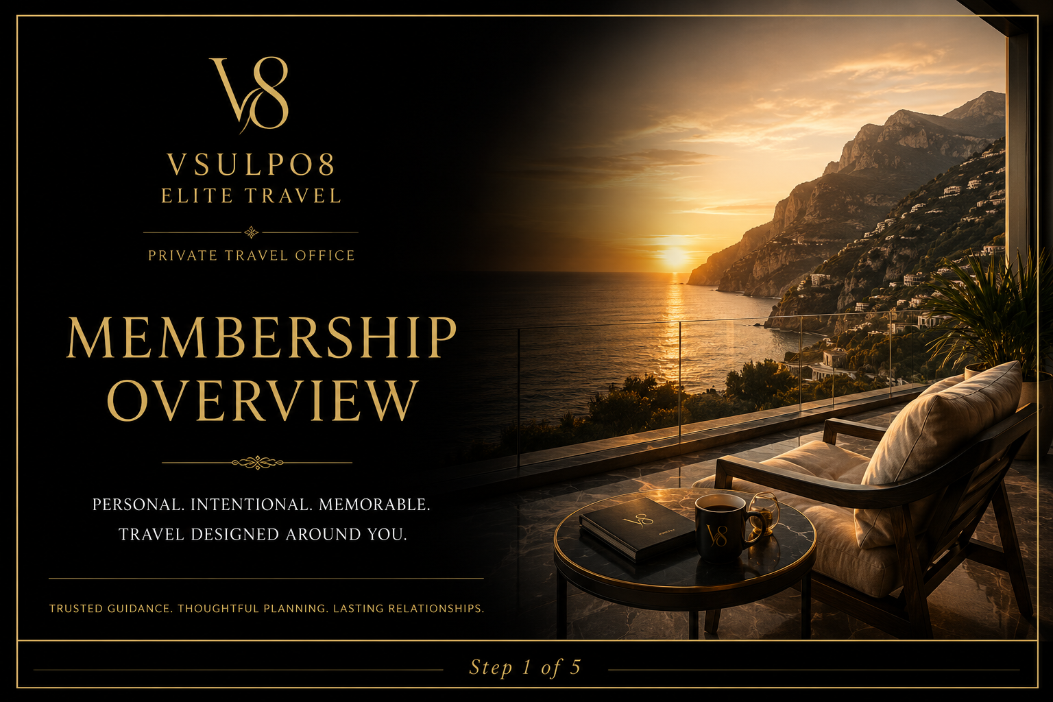 Vsulpo8 Elite Travel Private Travel Office Membership Overview, Step 1 of 5.