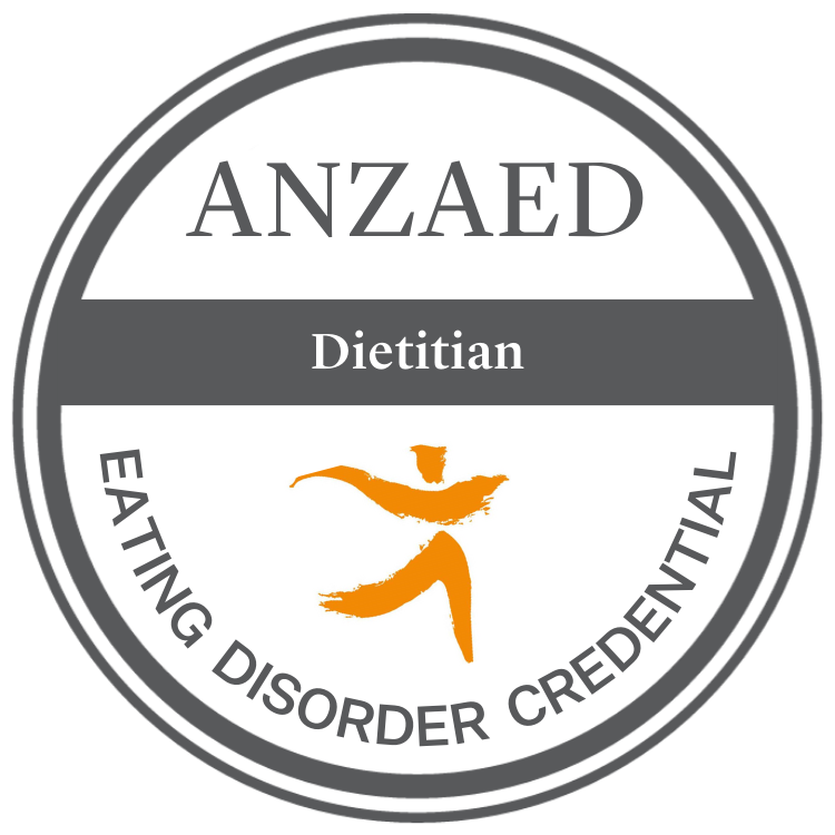 ANZAED Eating Disorder Credential logo for Dietitians, featuring an abstract orange figure in the center.