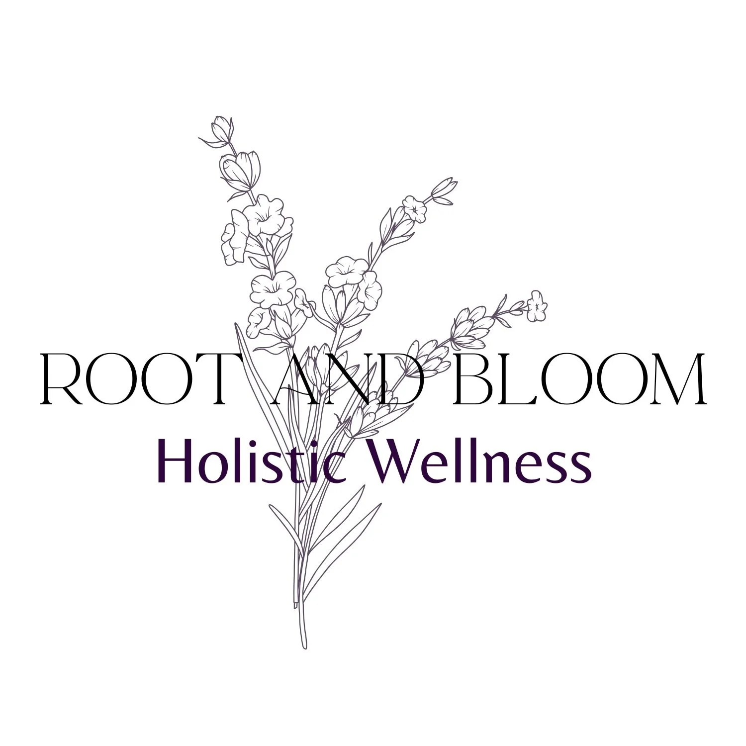 A logo featuring a simple line drawing of flowers, with the words "Root and Bloom" in large font and "Holistic Wellness" in smaller purple font underneath.