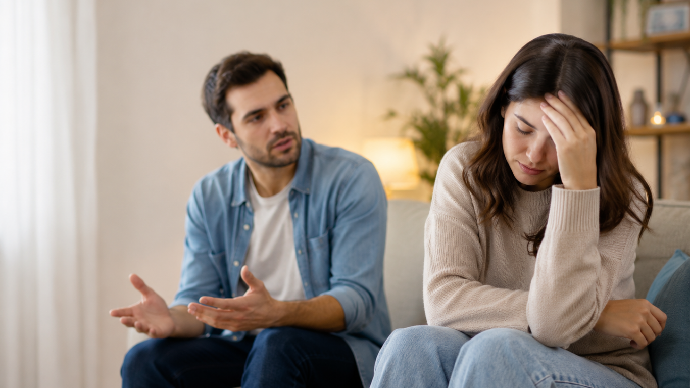 Couple having a tense conversation on couch, showing criticism and defensiveness during relationship conflict