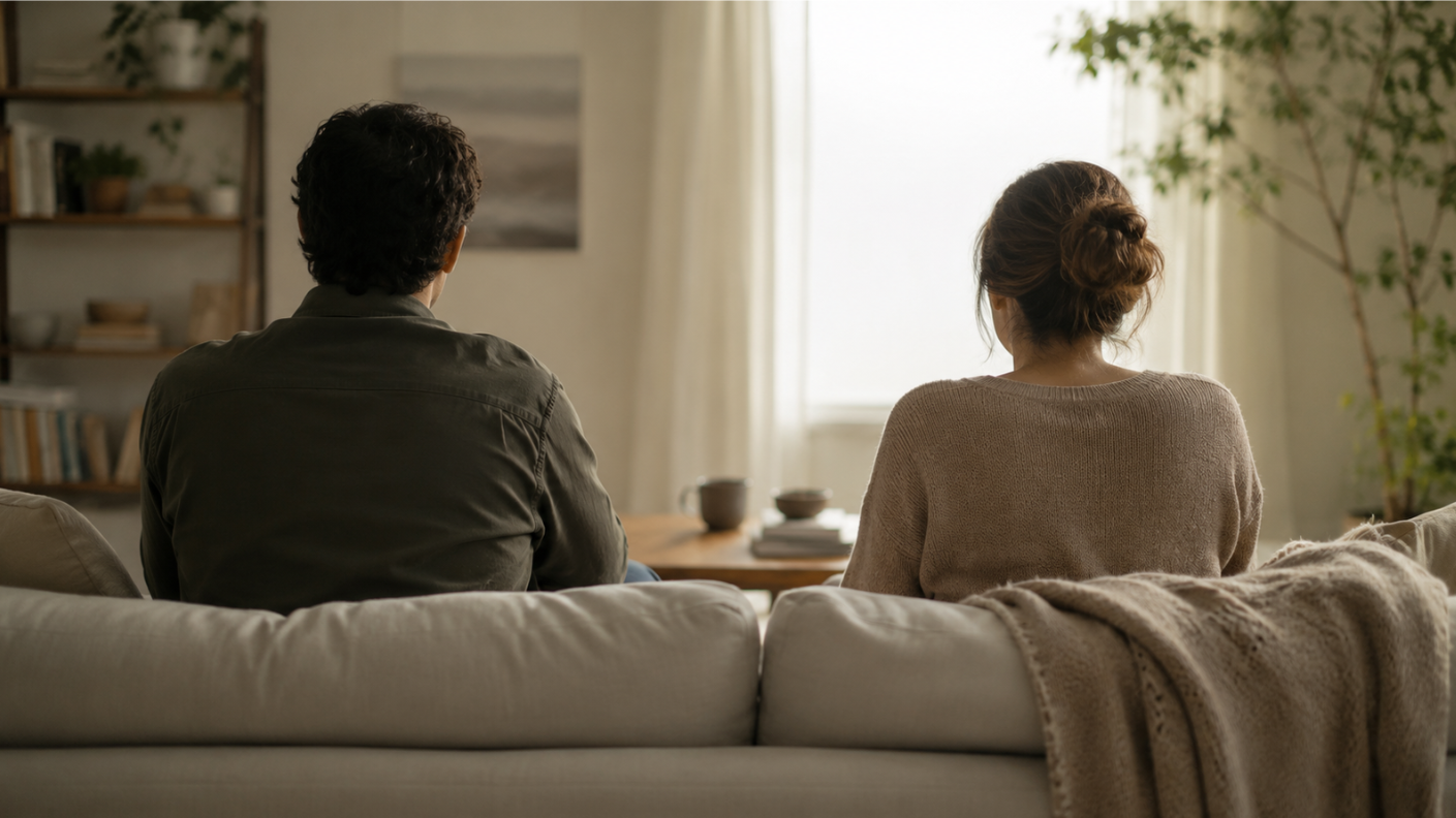 A couple sitting side by side on a couch in a softly lit living room, facing away from the camera with quiet distance between them.