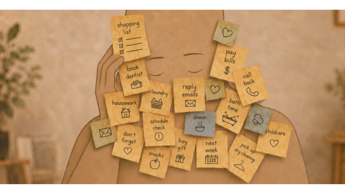 Person overwhelmed by sticky notes covering household tasks, representing the mental load