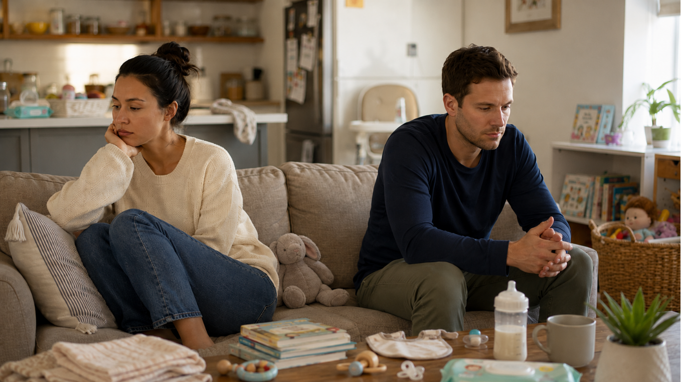 Two parents sitting apart in a living room with their baby, appearing tired and emotionally disconnected after disagreeing about parenting.