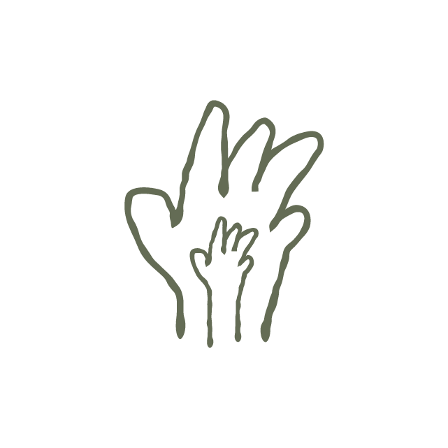 Hand drawn line art showing a small hand placed atop a large hand