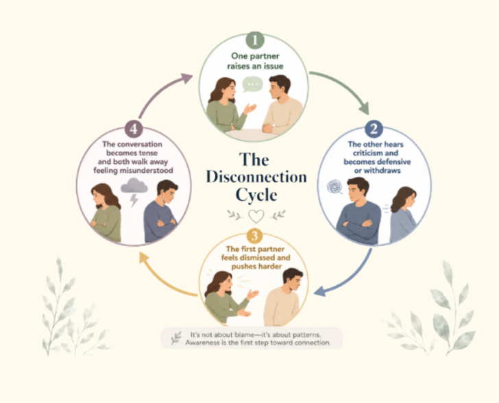 Diagram of the relationship disconnection cycle, showing how criticism, defensiveness, withdrawal, and feeling unheard can create distance between couples.
