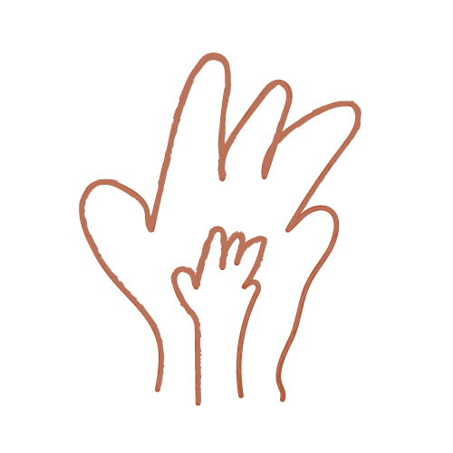 Hand drawn line art of a baby's hand resting inside an adult’s hand, symbolising support and connection.