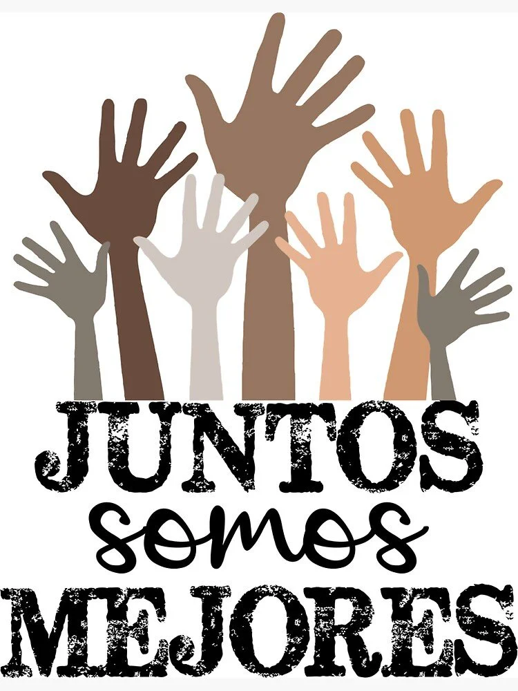 Multiple raised hands in various skin tones with text "Juntos somos mejores"