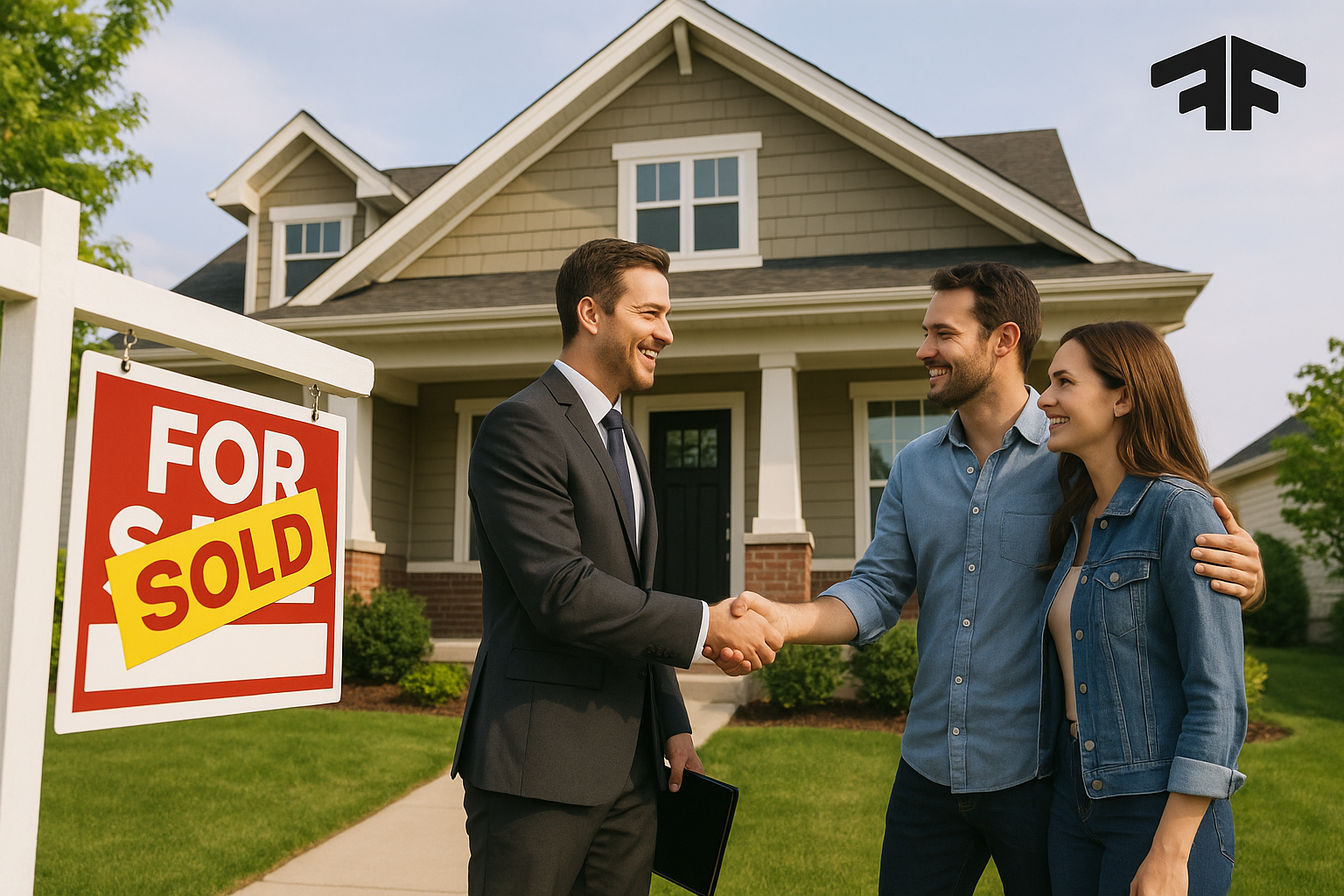 A real estate agent shaking hands with a couple in front of a newly sold house.