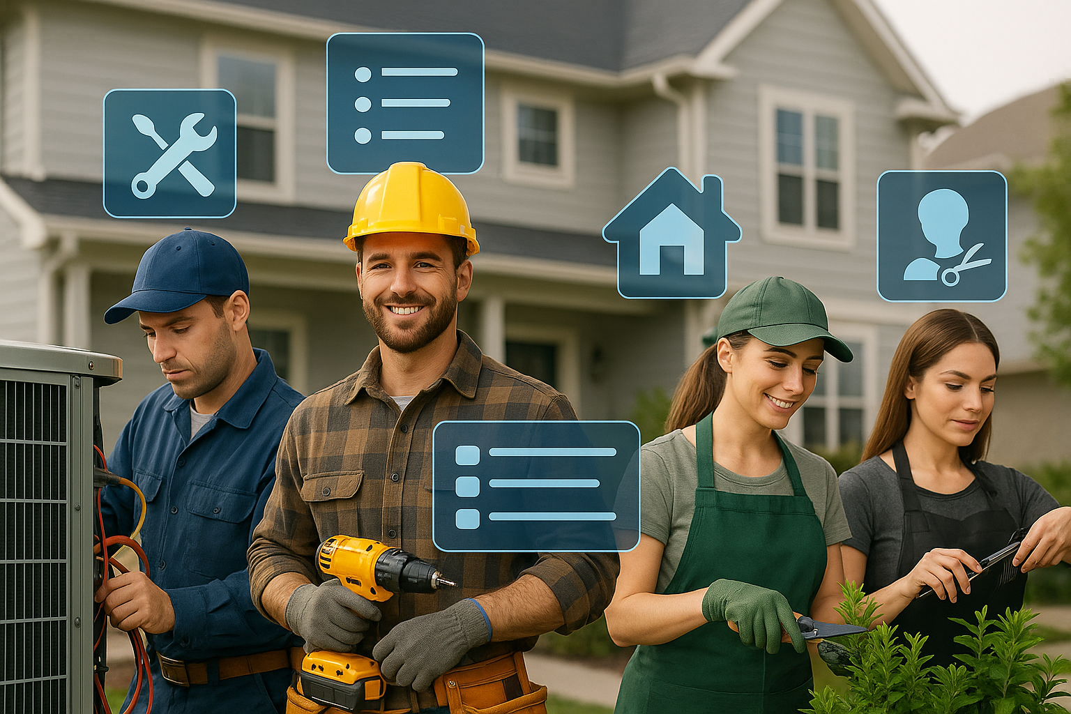 Four people working on HVAC system outside a house, using tools, with icons overlayed representing tools, procedures, home, and customer service.
