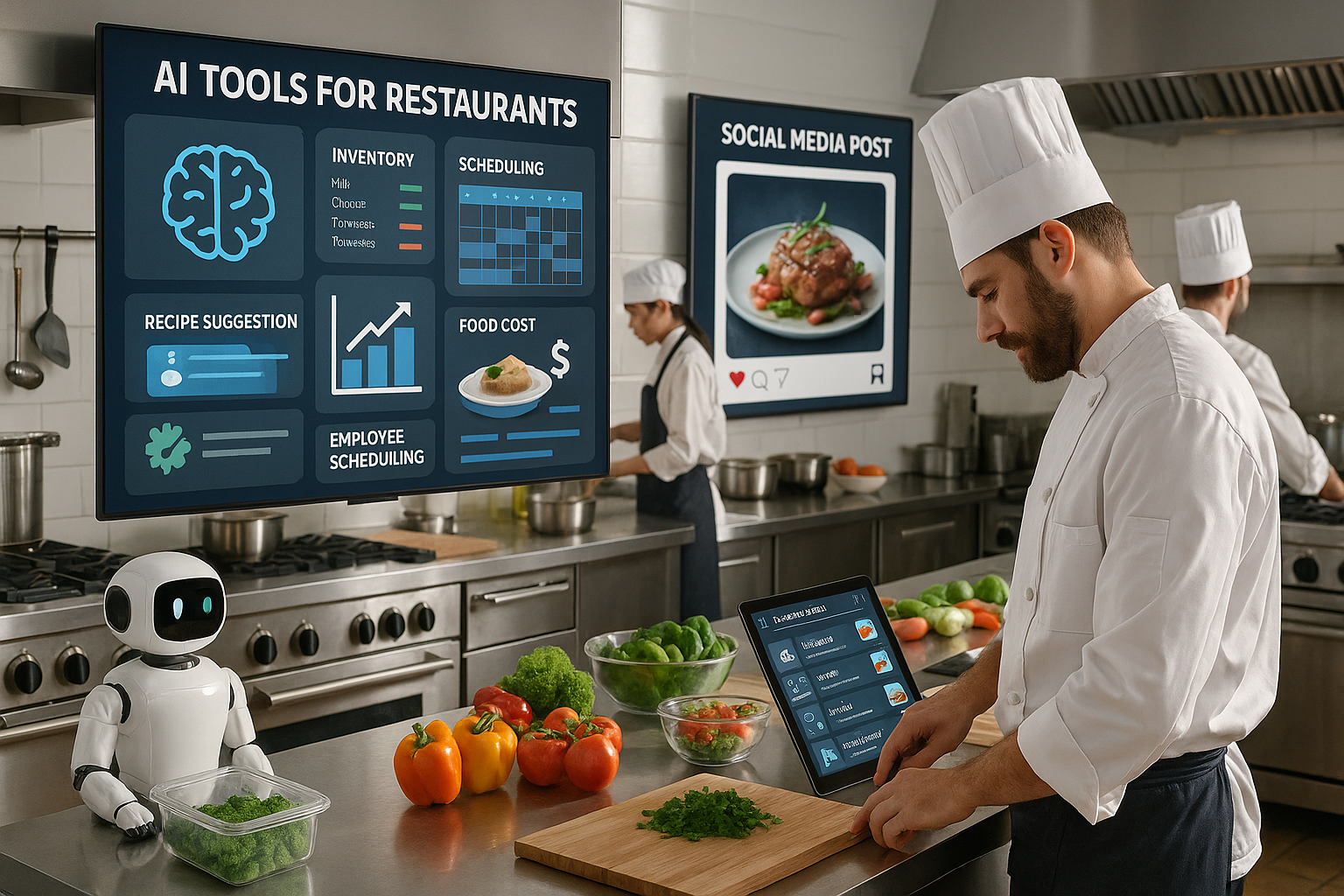 Chef in a white uniform prepares food on a digital tablet in a professional kitchen with various vegetables on the counter and large screens displaying restaurant management data and social media posts.