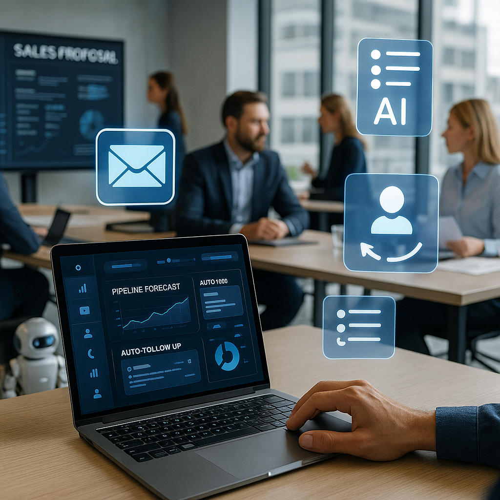Business meeting with holographic icons for email, artificial intelligence, and user profile, in a modern conference room with data analytics on a laptop screen.