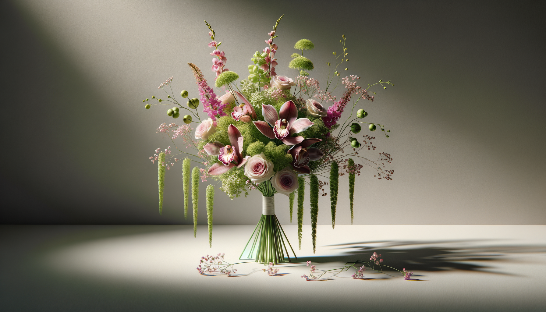 Elegant bouquet of orchids, roses, and greenery with soft lighting