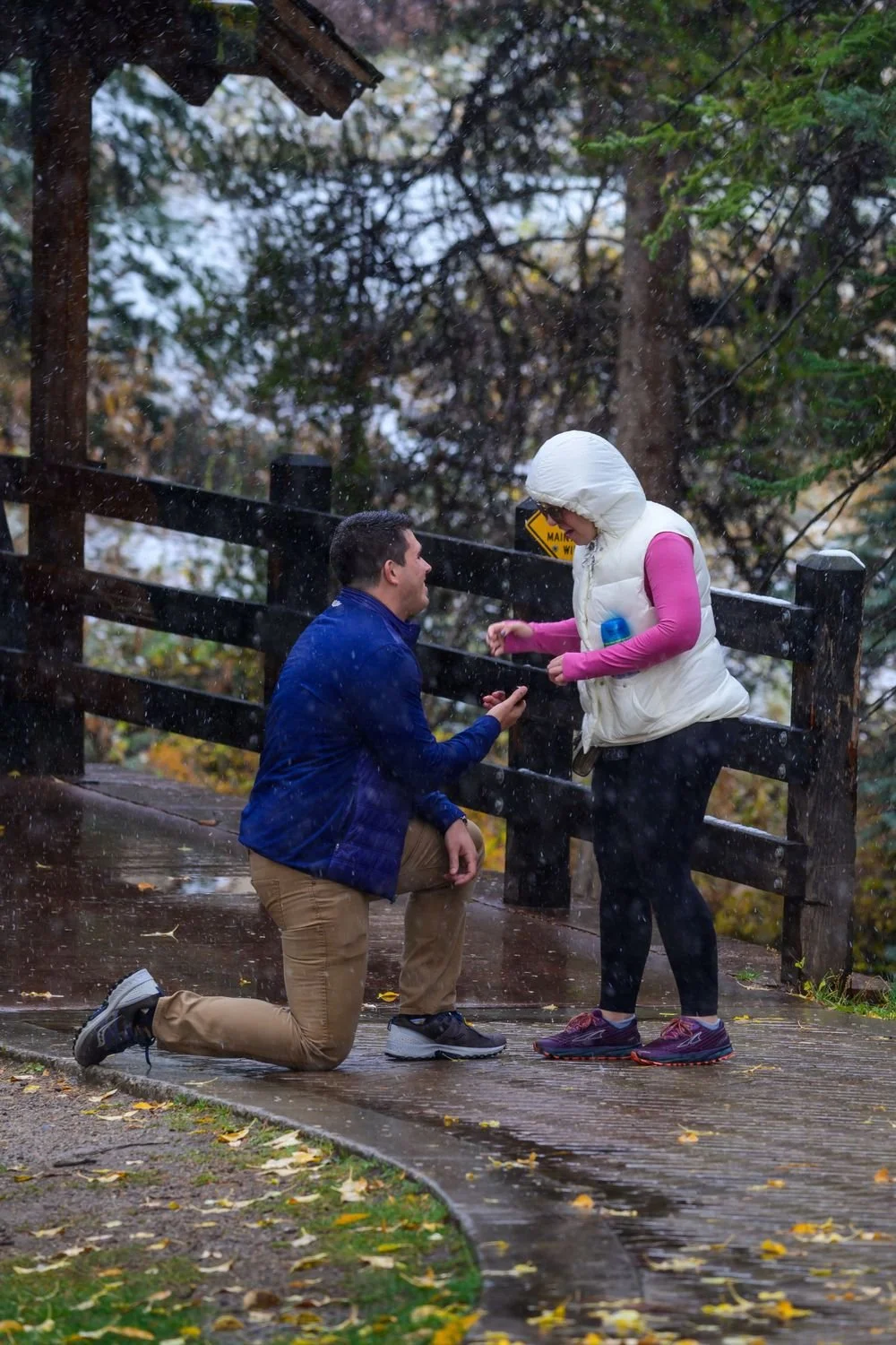 Man proposing in snowy outdoor setting, woman wearing hooded jacket, surrounded by trees and snowflakes.