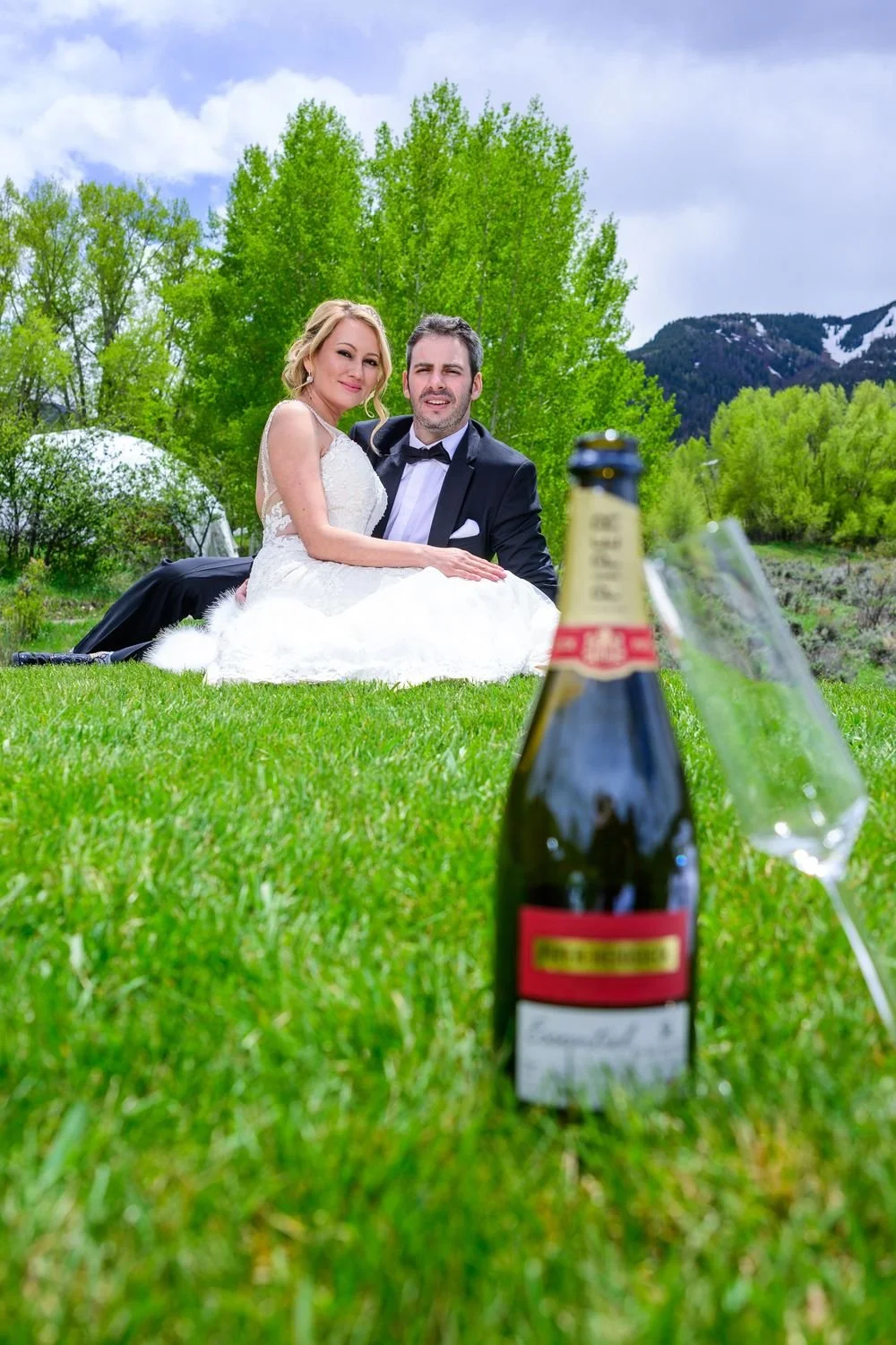 Couple in wedding attire sitting on grass with champagne and glasses in foreground.