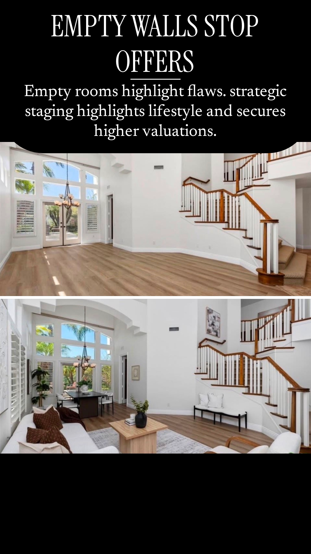 Two interior photos of a modern home. The first shows an empty living room with large windows, hardwood floors, and a staircase with wooden handrails. The second shows the same room furnished as a living and dining area, with sofas, a coffee table, dining table, and artwork, highlighting an open and bright space.