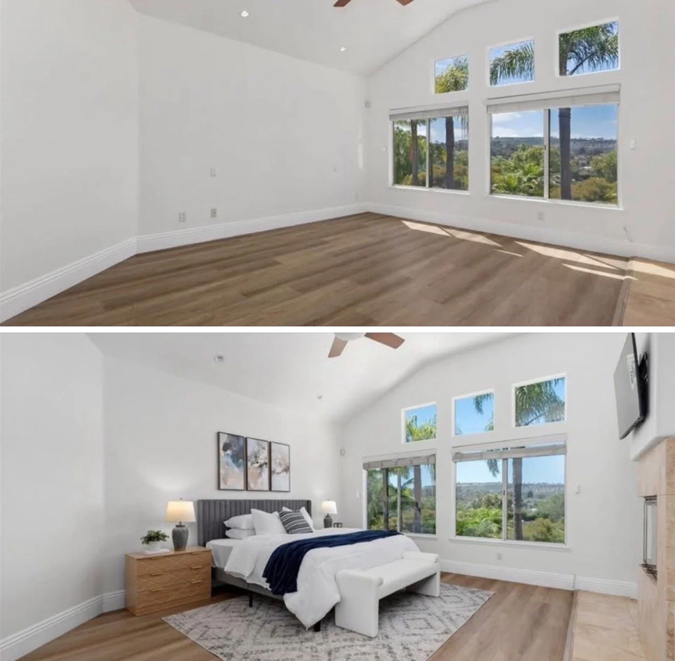 Comparison of a spacious empty bedroom with natural light and view outside to the same bedroom furnished with a bed, nightstands, lamps, wall art, and rug, showing interior decor and layout.