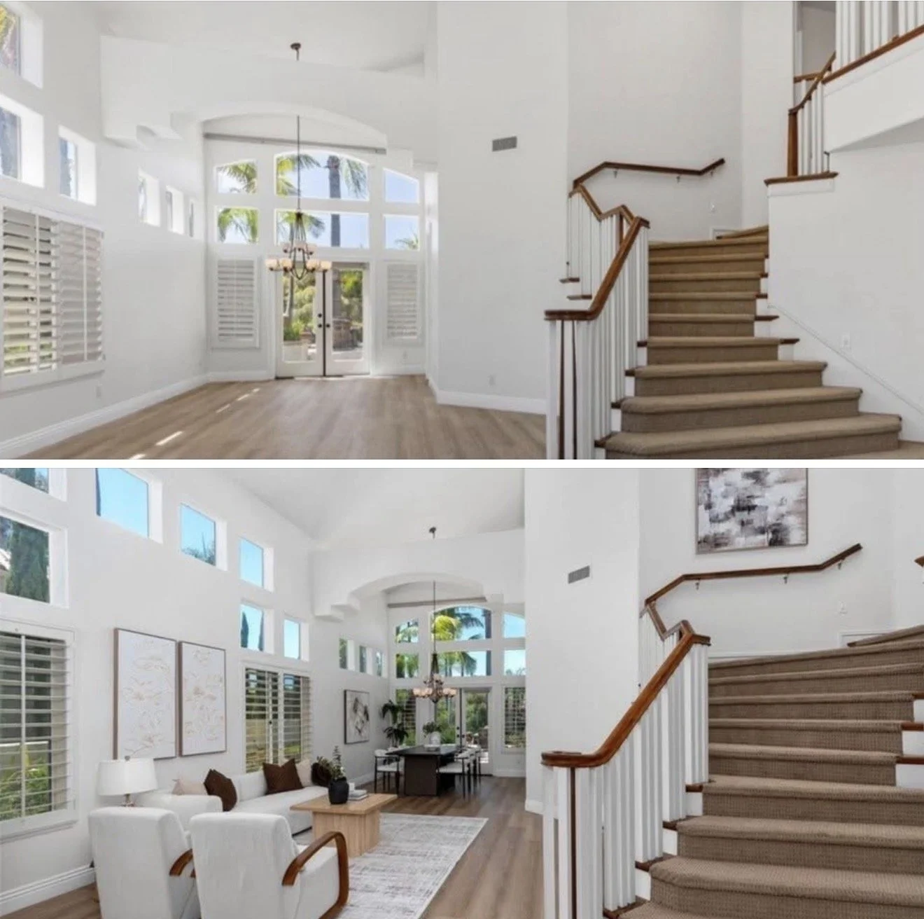 Comparison of an empty living room with white walls, high ceiling, large windows, hardwood floors, and a staircase in the first image, and a decorated living room with furniture, artwork, plants, and accessories in the second image.