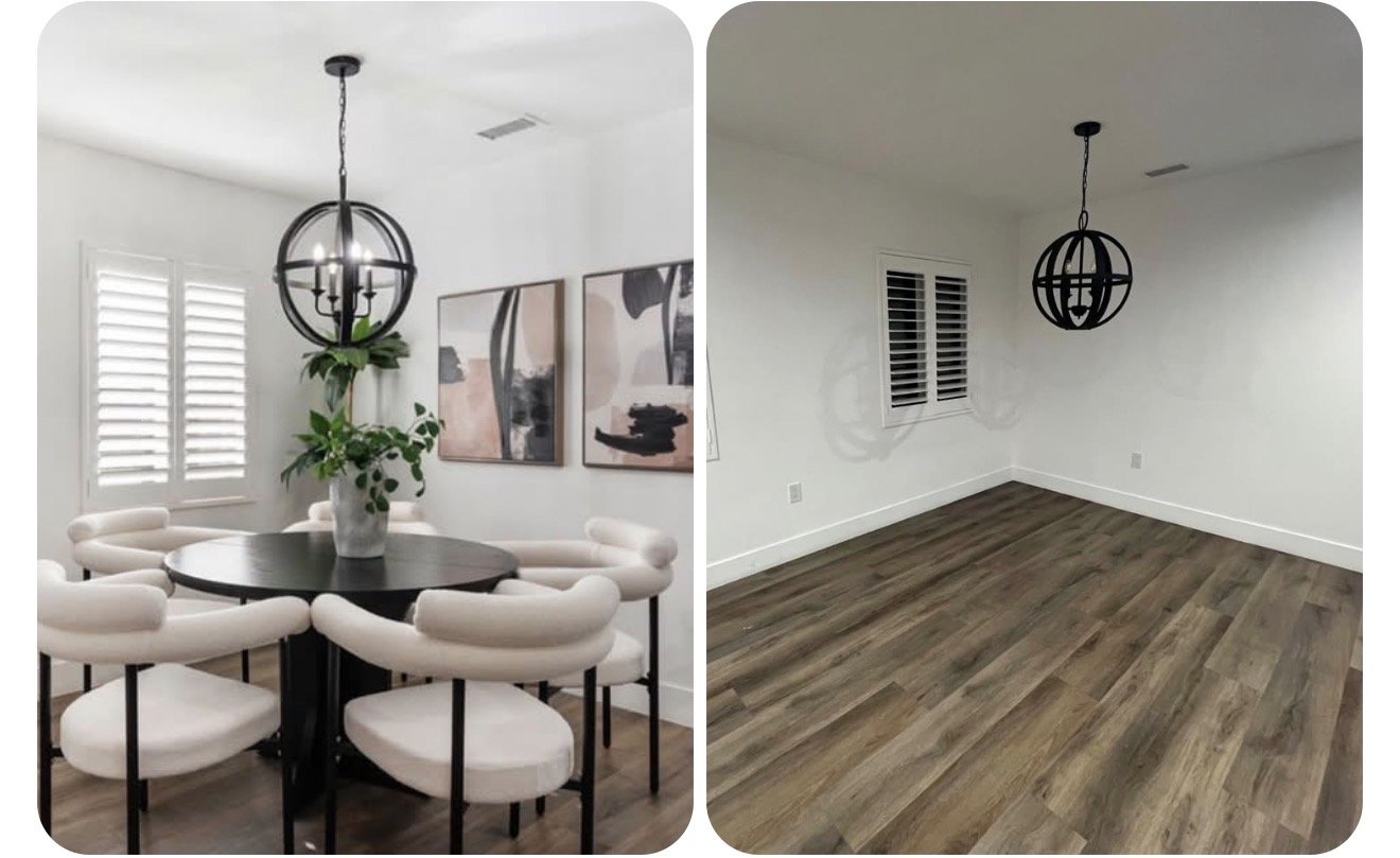 Comparison of two rooms, one with a dining table and chairs, and the other empty, both with a black chandelier hanging from the ceiling.