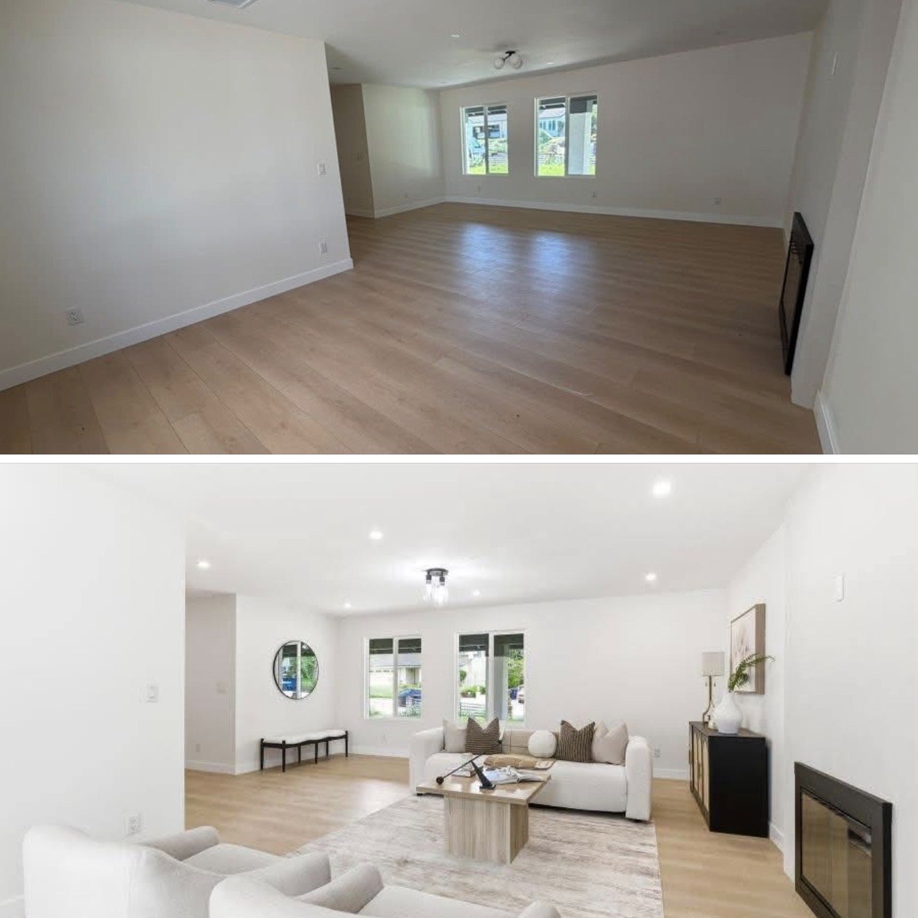Comparison of an empty living room with beige hardwood floors and white walls to the same room decorated with a white sofa, armchair, coffee table, and decorative items, with the same floor and wall color.