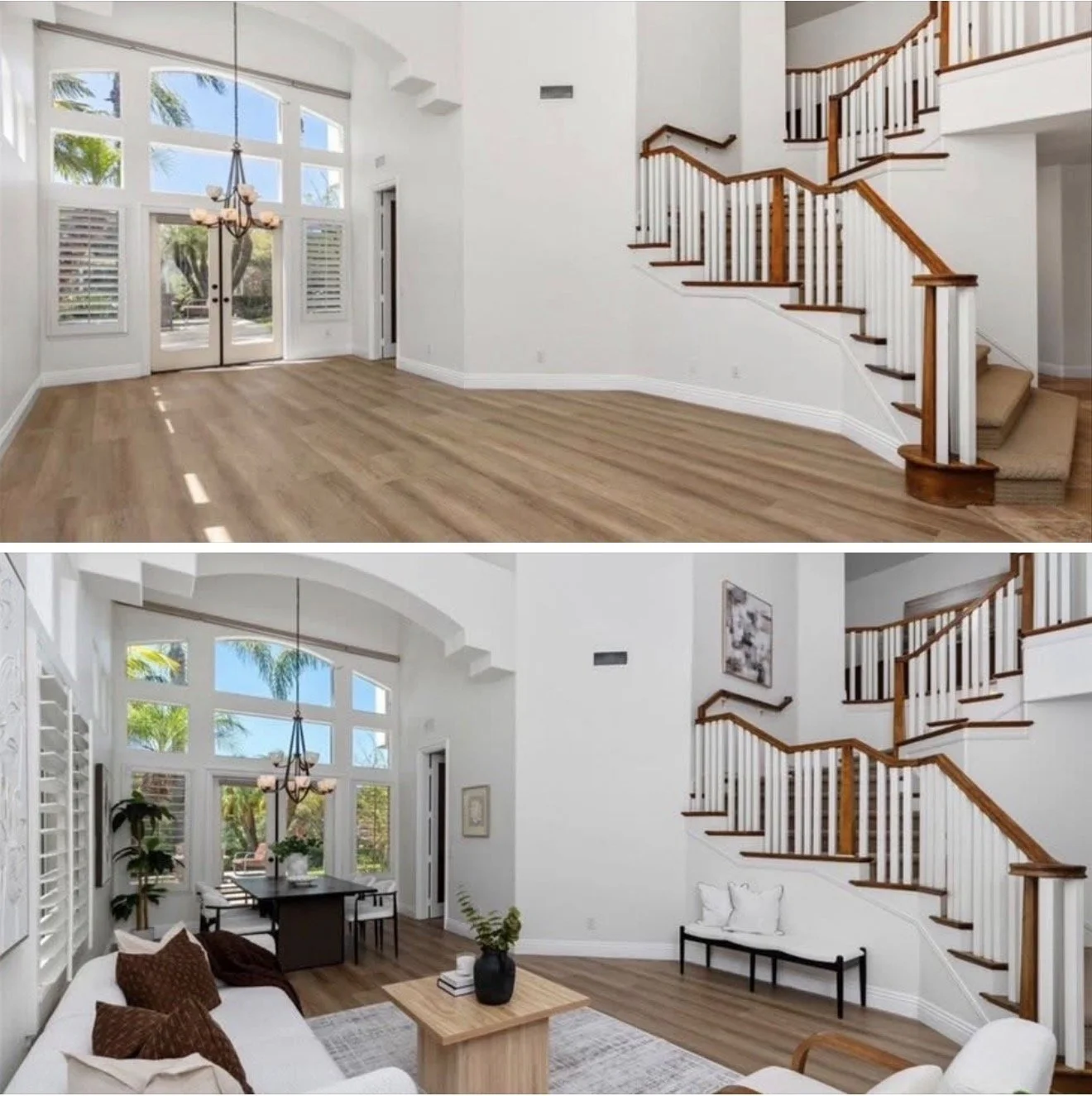 Comparison of an empty living room with wood floors and a staircase in the first image, and a furnished living room with white sofas, a coffee table, and decorative plants in the second image.