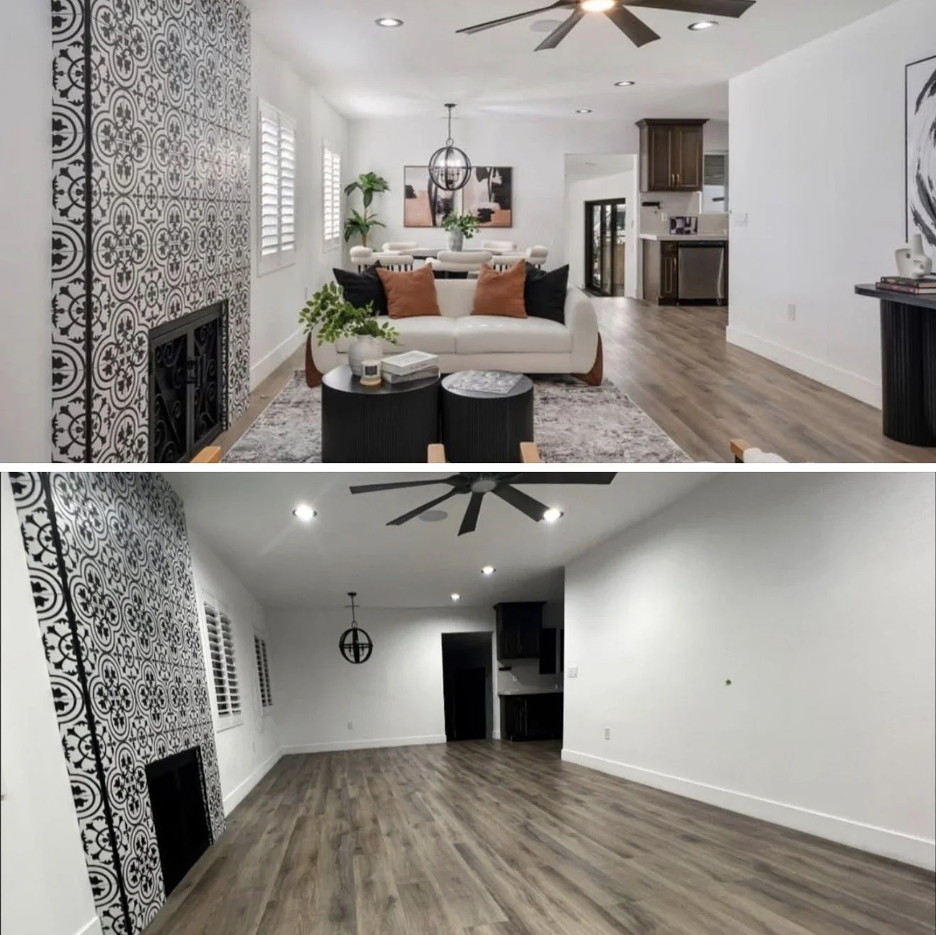 Before and after photos showing a living room transformation from empty space to decorated interior with white walls, patterned wallpaper, hardwood flooring, ceiling fan, and furniture.