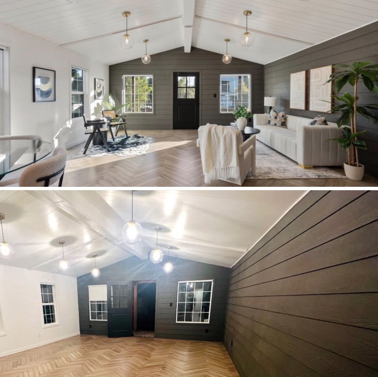 Comparison of two living rooms: the top room is decorated with modern furniture, large windows, and bright lighting, while the bottom room is empty with neutral walls, ceiling lights, and light wood flooring.