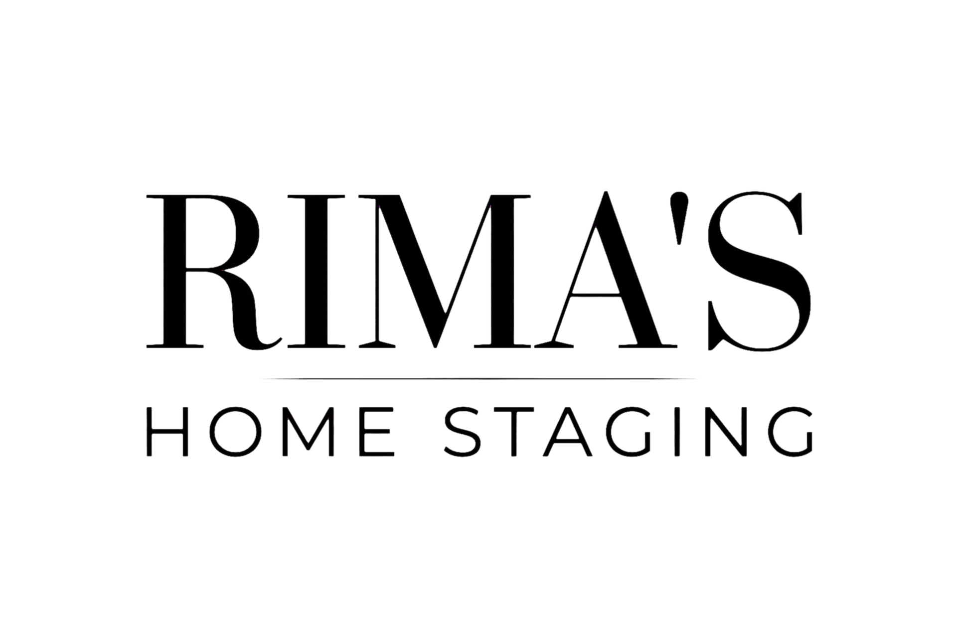 Neon sign with the words 'RIMA'S HOME STAGING' in large purple letters, with 'HOME STAGING' underneath in smaller purple letters, on a black background.