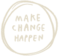 A light-colored apple-shaped drawing with the phrase 'Make Change Happen' written inside.