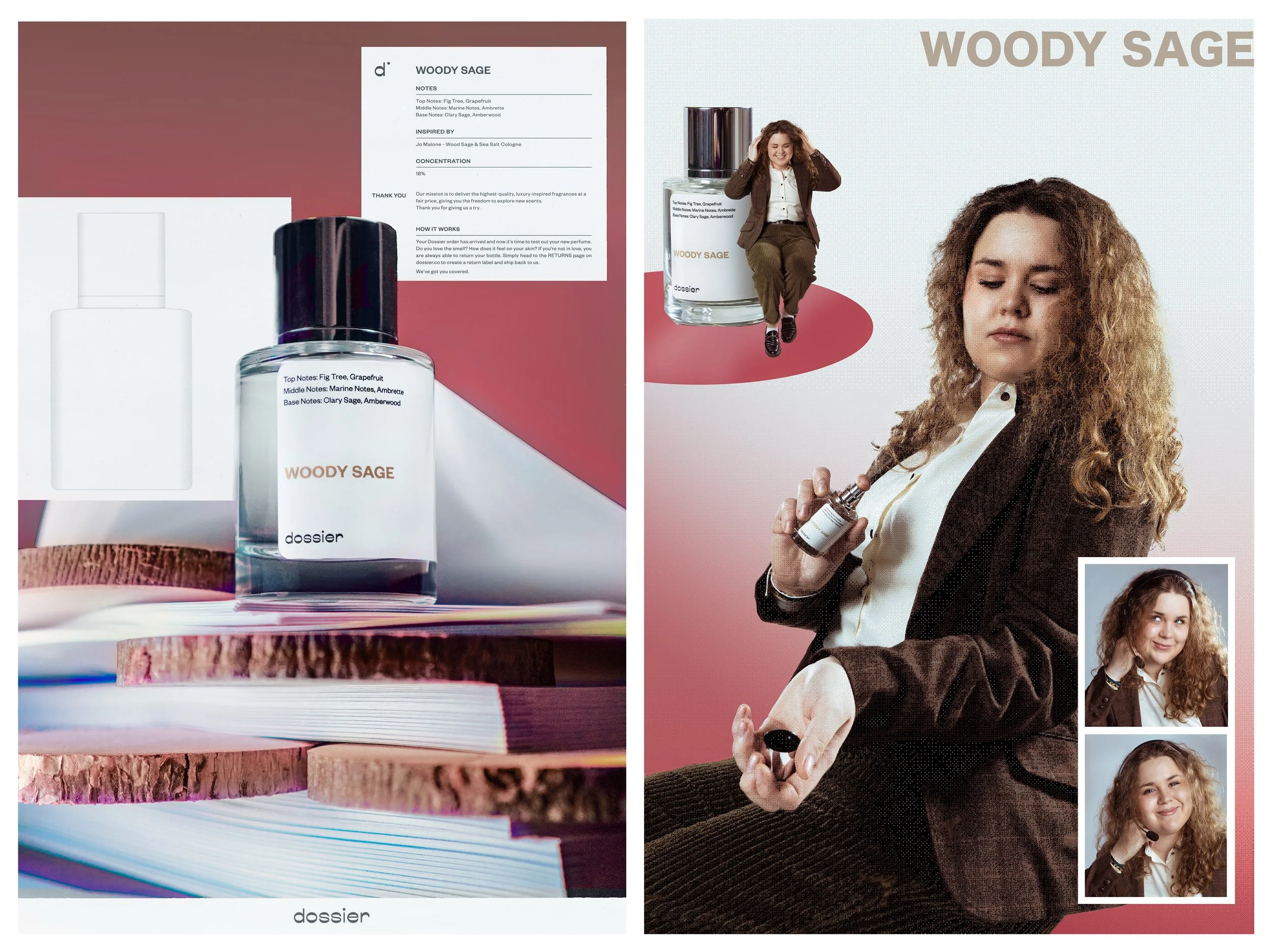 Close-up of a perfume bottle labeled 'Woody Sage' by dossier, with a background of stacked wooden logs and a pink surface. The image also features a woman with curly red hair holding a smaller bottle of fragrance, dressed in a white shirt and brown b