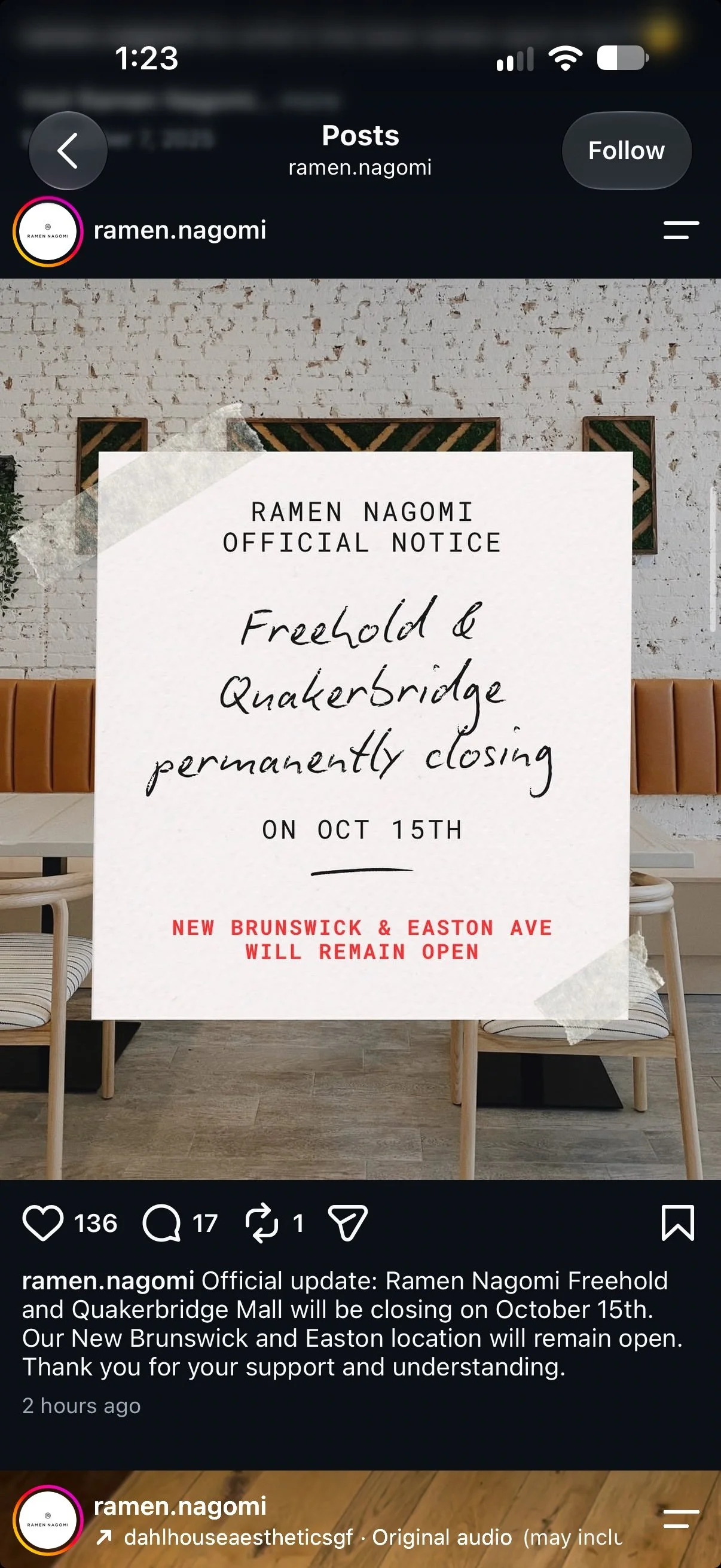 Ramen Nagomi Is Permanently Closing Its Freehold and Quakerbridge Locations on October 15