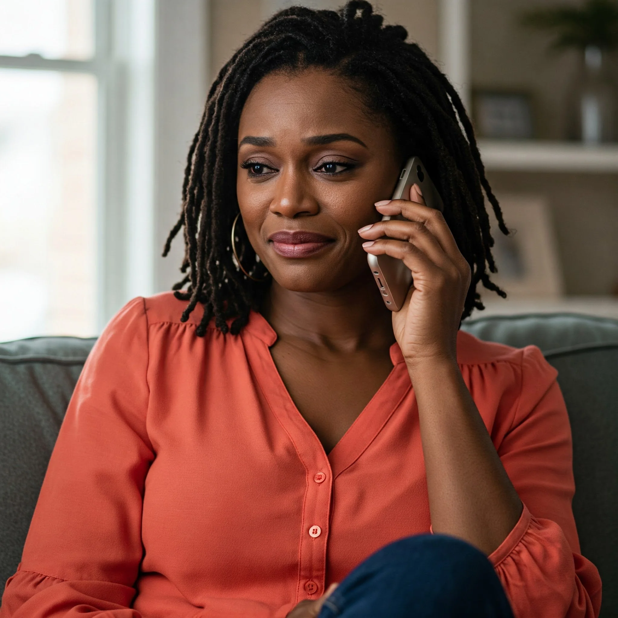 Woman with braided hair talking on a smartphone while sitting on a couch, wearing an orange shirt.