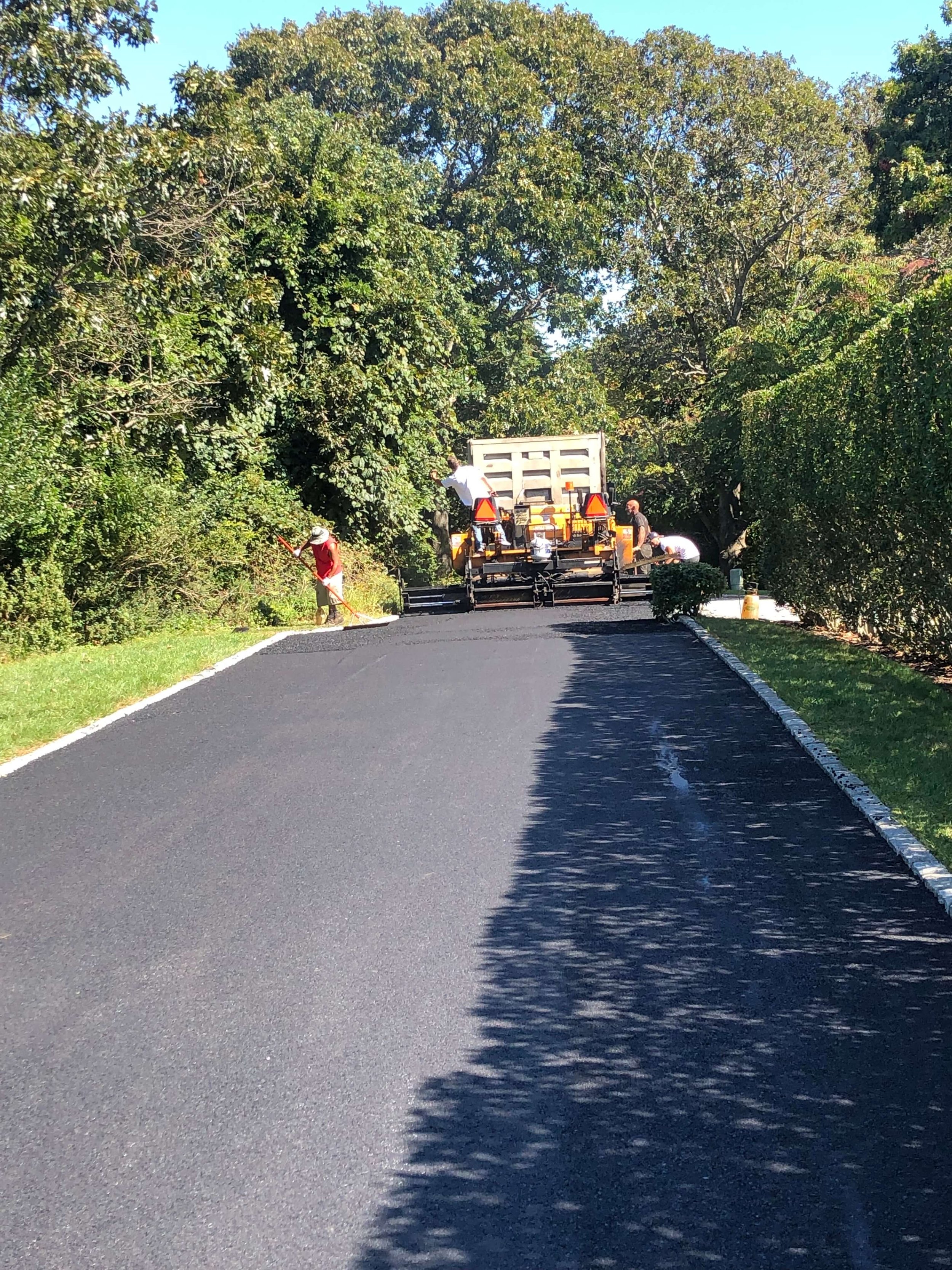 Workers paving a road, with asphalt, adjacent to green trees and bushes.