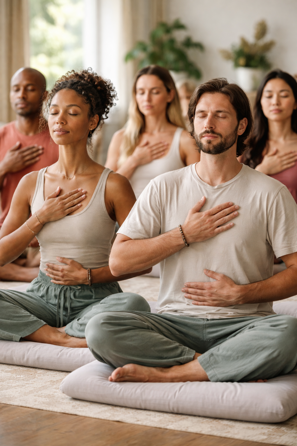 A diverse group of people practicing meditation indoors, sitting cross-legged on cushions with their eyes closed, hands on their chests or stomachs, in a peaceful setting.