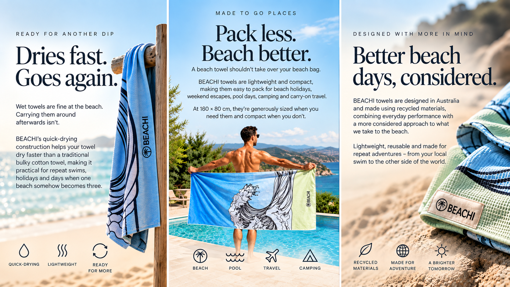 Three panels advertising beach towels. The left panel shows a blue towel hanging on a wooden post with the text 'Dries fast. Goes again.' and icons for quick-drying, lightweight, and ready for more. The middle panel features a man holding a towel with a wave design at a pool, with the text 'Pack less. Beach better.' The right panel displays folded towels on sand with the text 'Better beach days, considered.', highlighting recycled materials, made for adventure, and a brighter tomorrow.