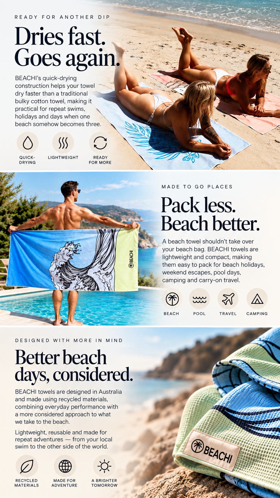 A beach scene with two women sunbathing on towels near the shoreline and a man holding a beach towel next to a pool, advertising quick-drying, lightweight beach towels designed for travel, camping, pool days, and holidays.