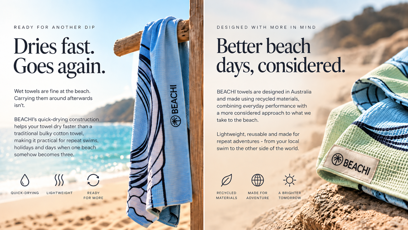 Beach towels hanging on a wooden post and lying on rocks, with a sandy beach and ocean in the background.