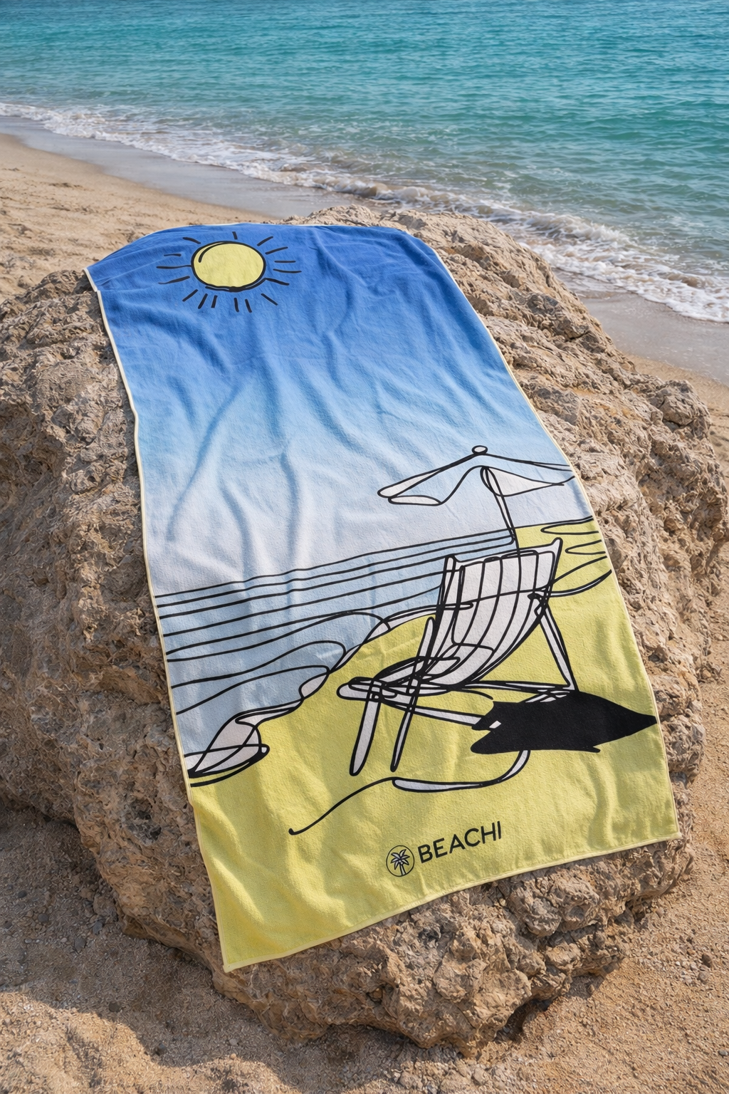 Beach towel with a sun and lounge chair illustration, placed on a rock by the shore with ocean waves nearby