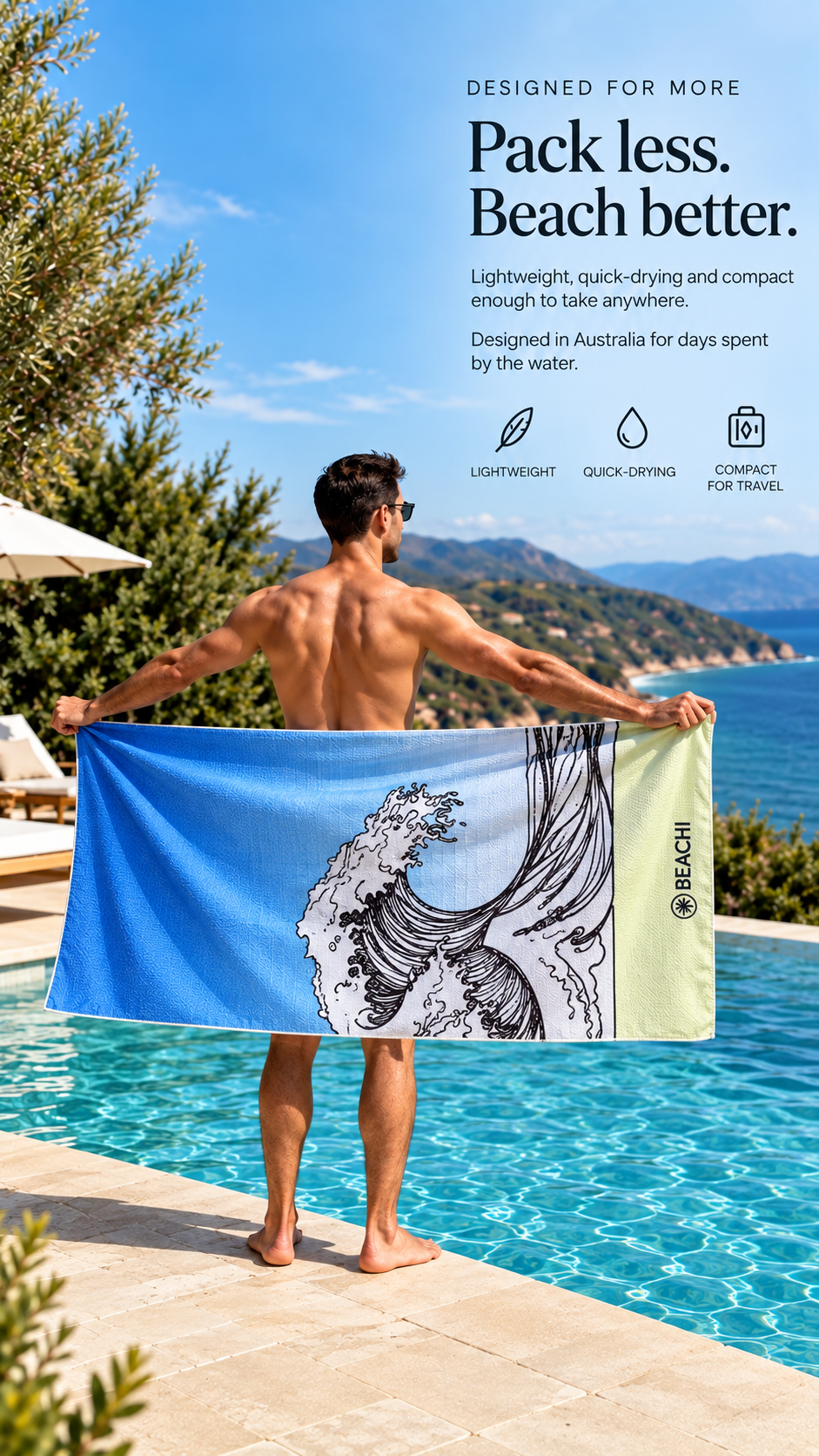 Man holding a colorful BEACHI wave beach towel near a swimming pool, with a scenic ocean view in the background, promoting lightweight BEACHI beach towels.