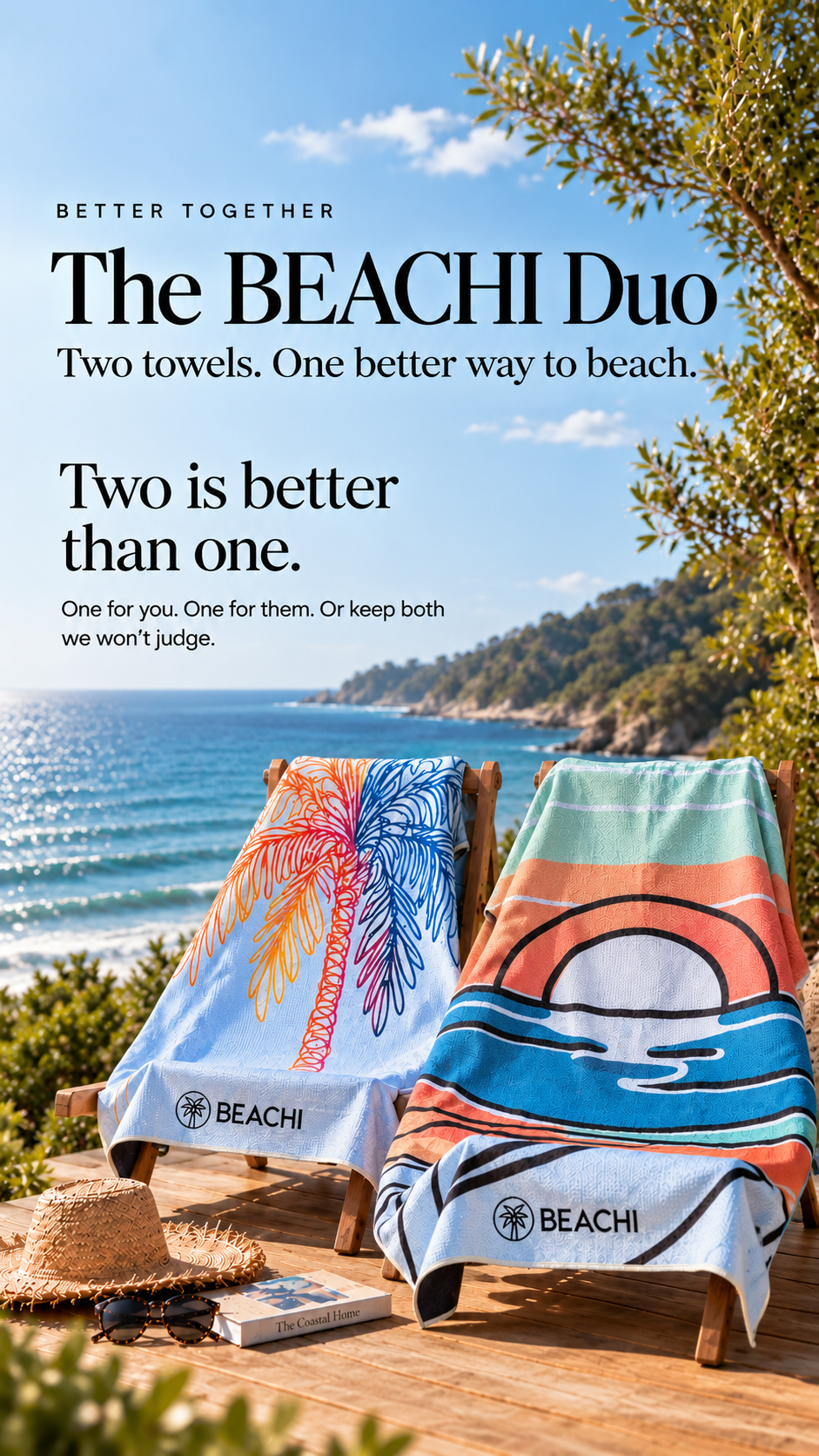 Beach scene with two towels featuring colorful designs on wooden lounge chairs, overlooking the ocean with a coastline and greenery in the background, under a partly cloudy sky.